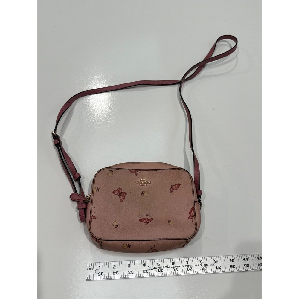 Coach Mini Camera Bag Pink Butterfly Floral Pebbled Leather Crossbody